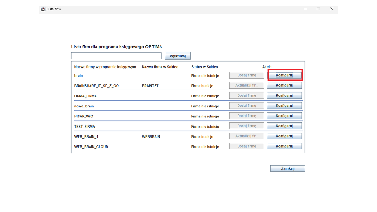 Lista firm skonfigurowanych do synchronizacji SaldeoSMART z Comarch ERP Optima