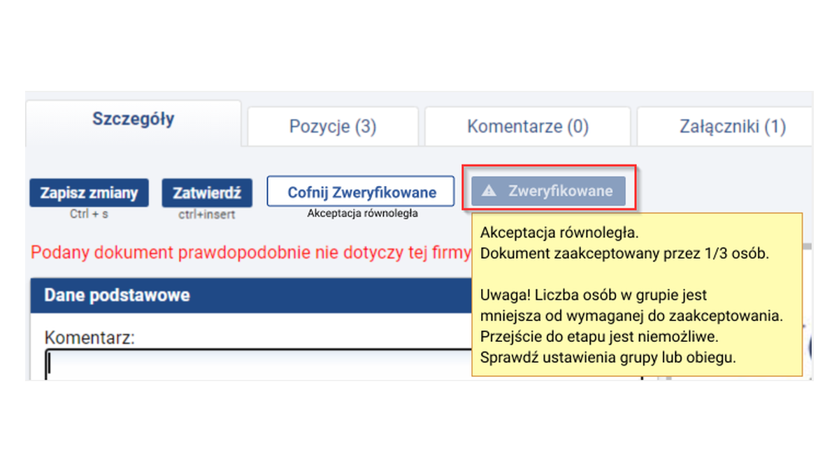 Panel dokumentu w obiegu SaldeoSMART z informacją o akceptacji równoległej, jedna z trzech osób