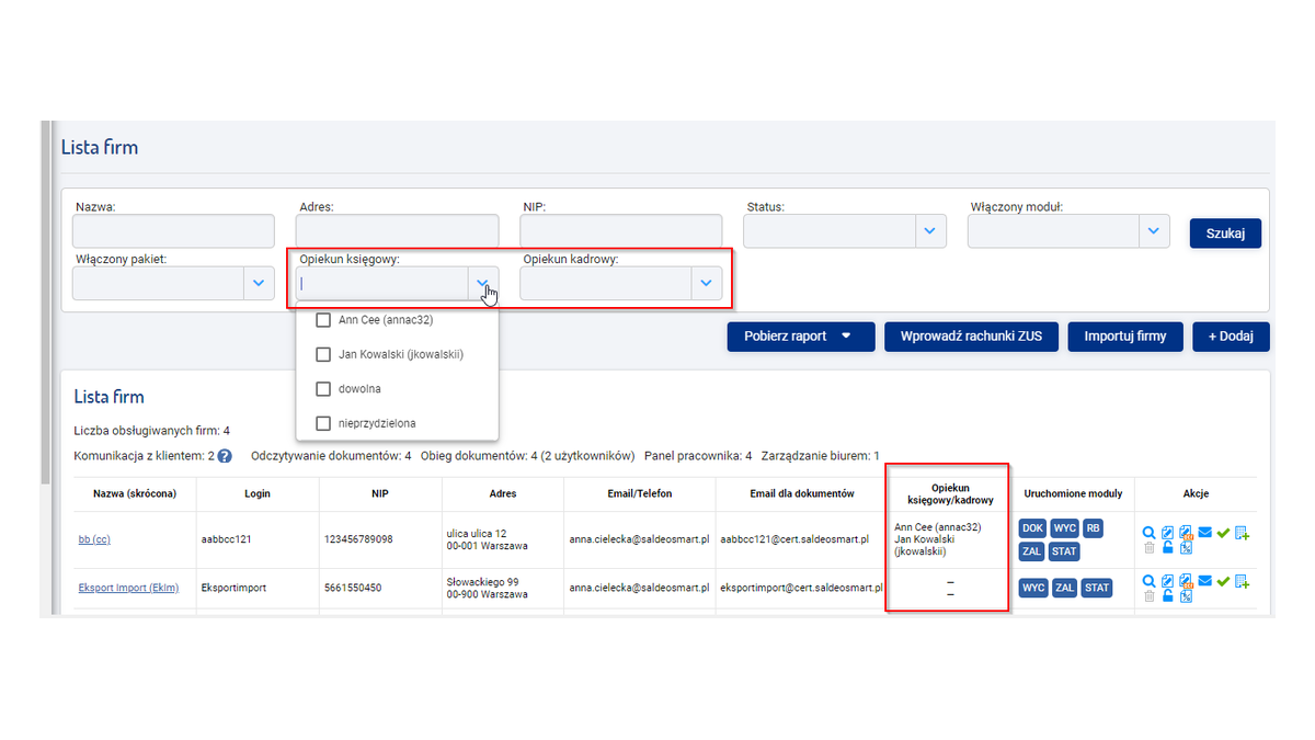 Lista obsługiwanych firm w SaldeoSMART z przypisanym opiekunem księgowym i kadrowym