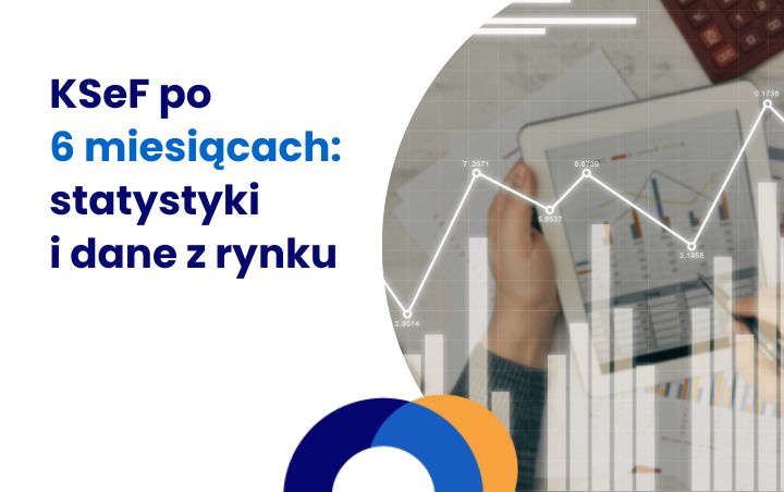 SaldeoSMART graphic "KSeF po 6 miesiącach: statystyki i dane z rynku" with a chart of rising invoice numbers and someone working on a tablet